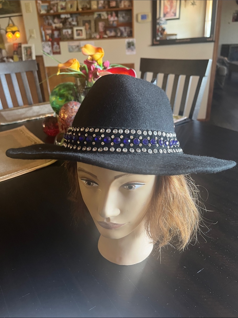 Peter Grimm Black Wide-Brim Wool Hat with Rhinestone & Blue Accent Band
